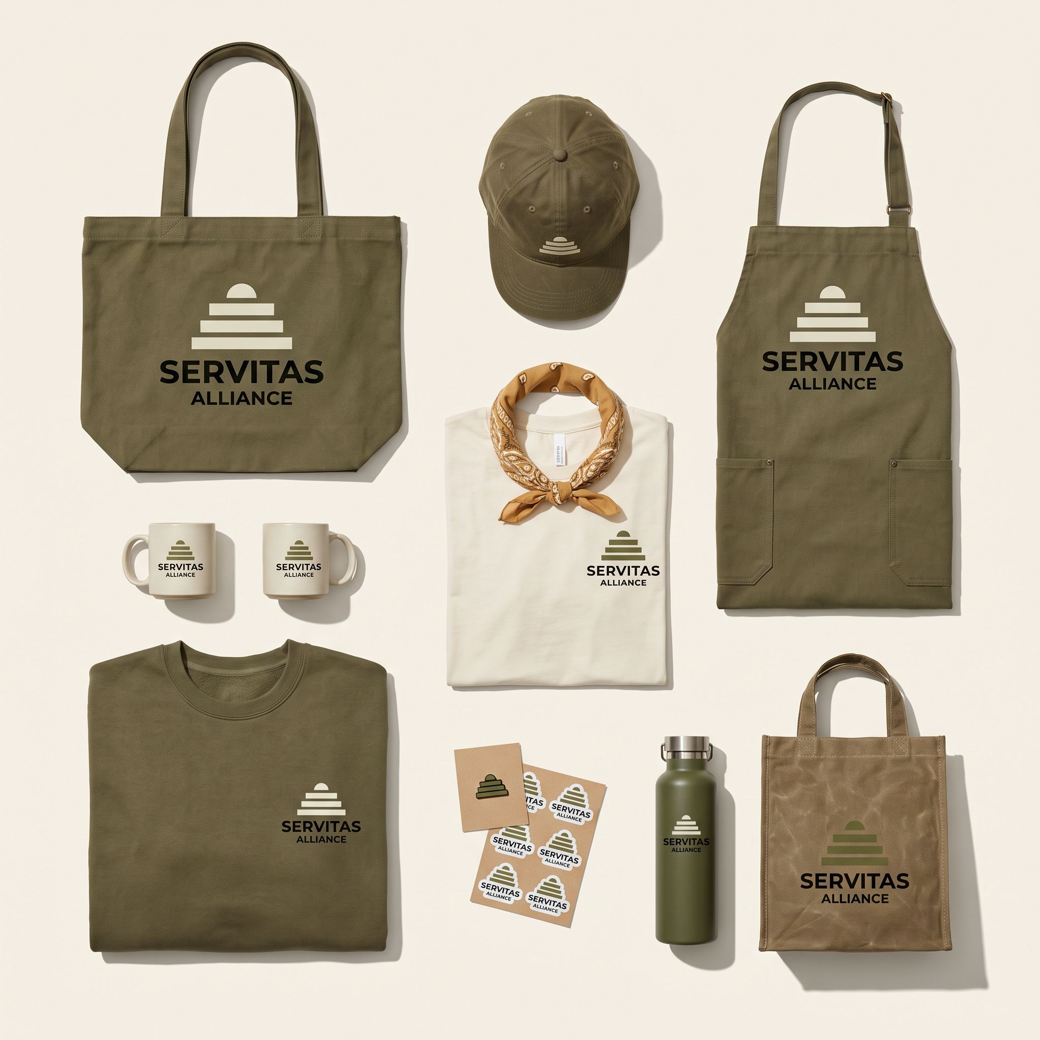 Complete Servitas Supporter Kit: The whole shelf in one shipment: tote, cap, apron, mugs, tee and bandana, crewneck, bottle set, pins.