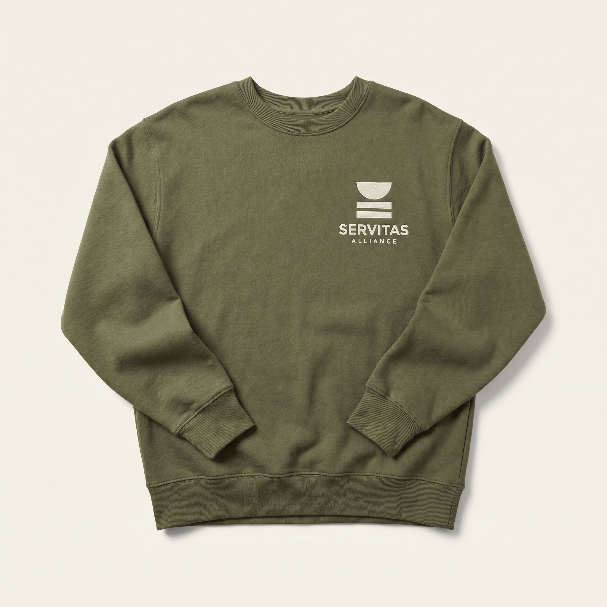 Servitas Crewneck Sweatshirt: Olive fleece crewneck with a ribbed collar and the logo at the chest.