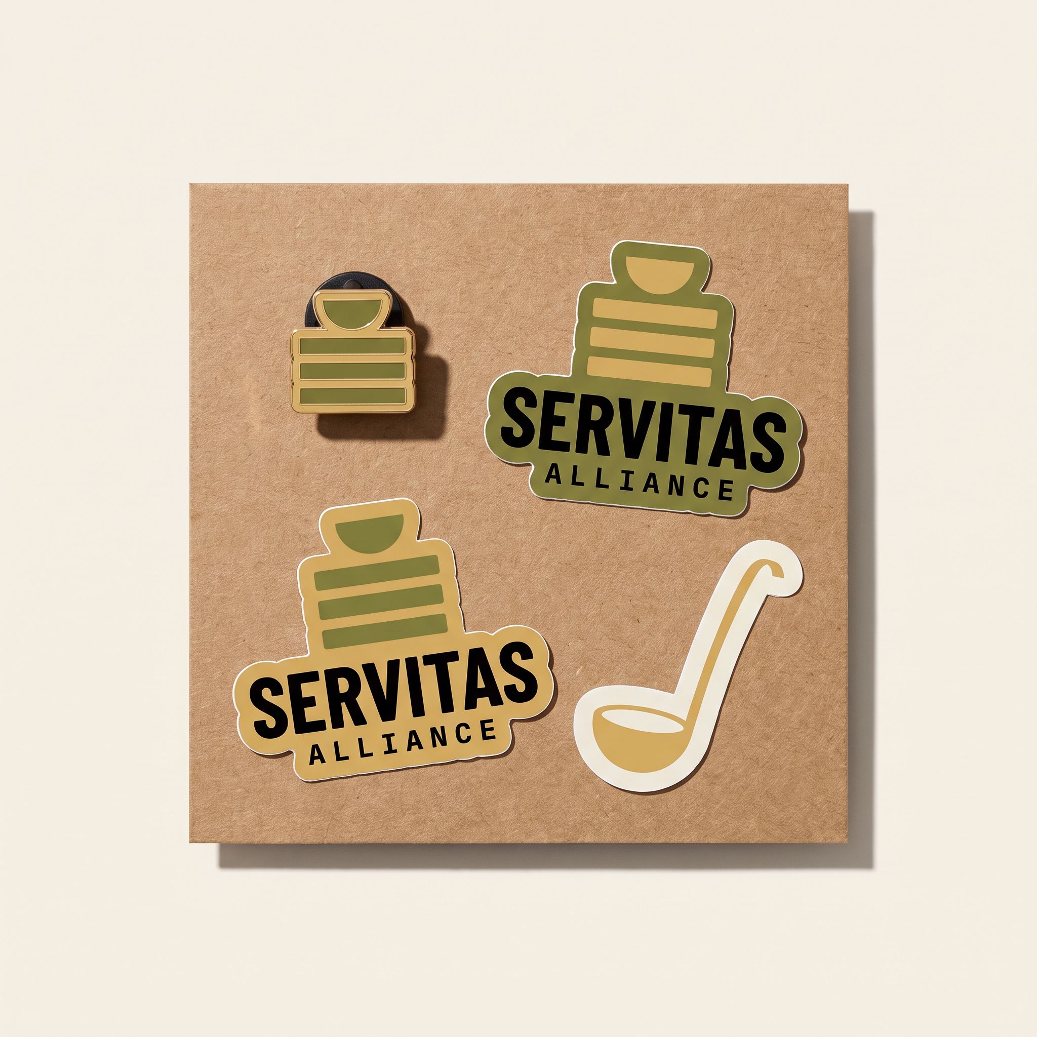 Harvest Pin & Sticker Set: One enamel pin and three vinyl stickers with the stacked-bars mark.