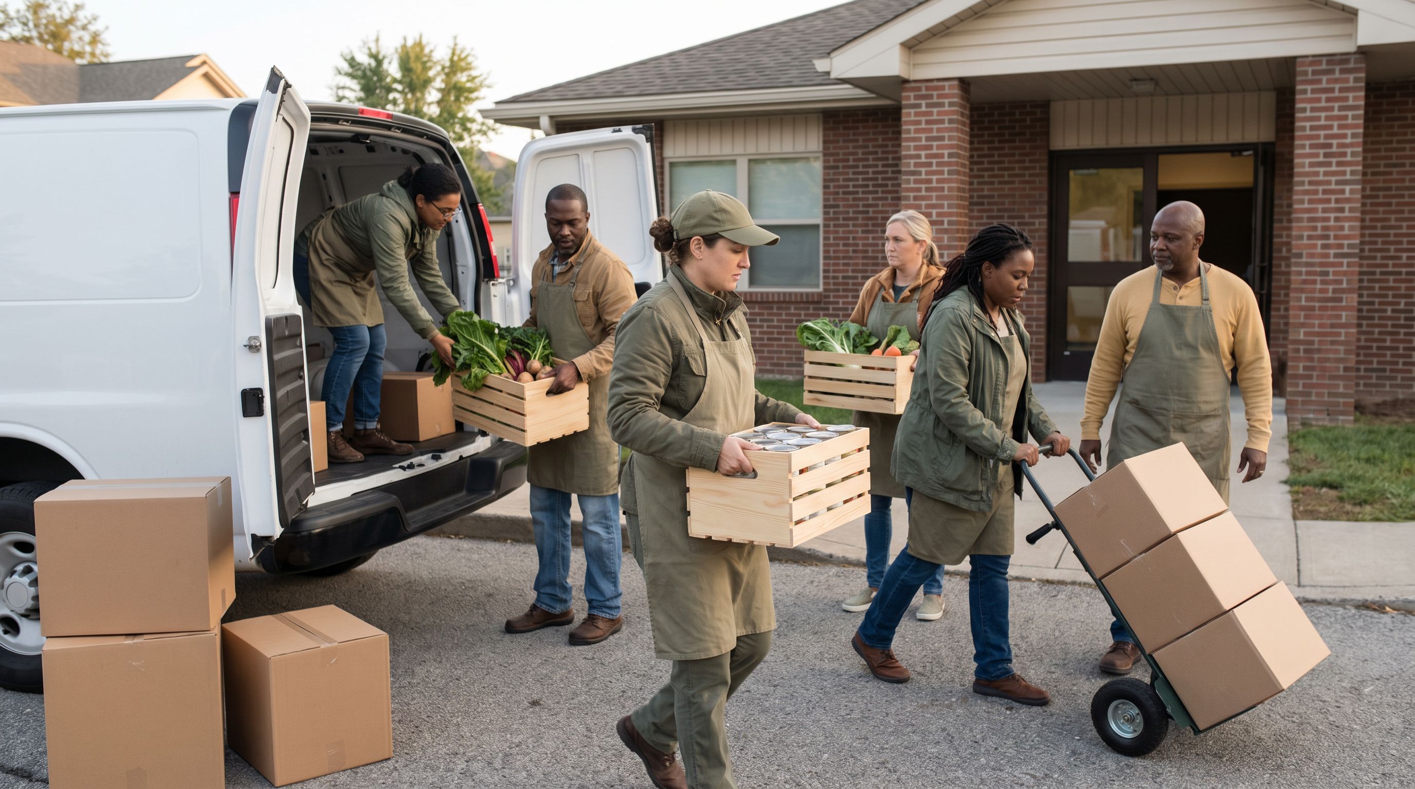 Volunteers unloading crates of food from a van at the back door of a community center in the morning.