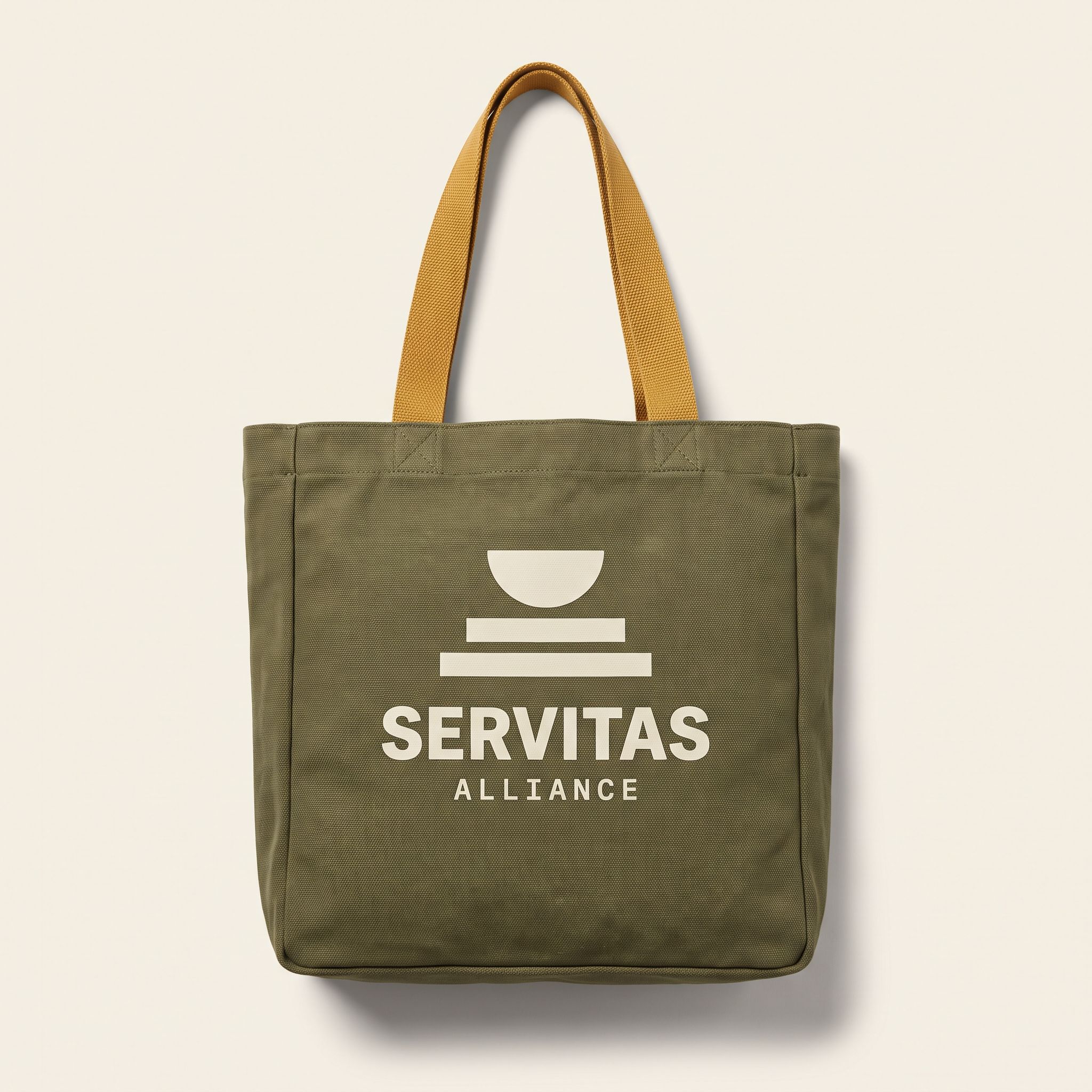 Servitas Market Tote: Heavy canvas tote sized for a full grocery run, olive with wheat handles.