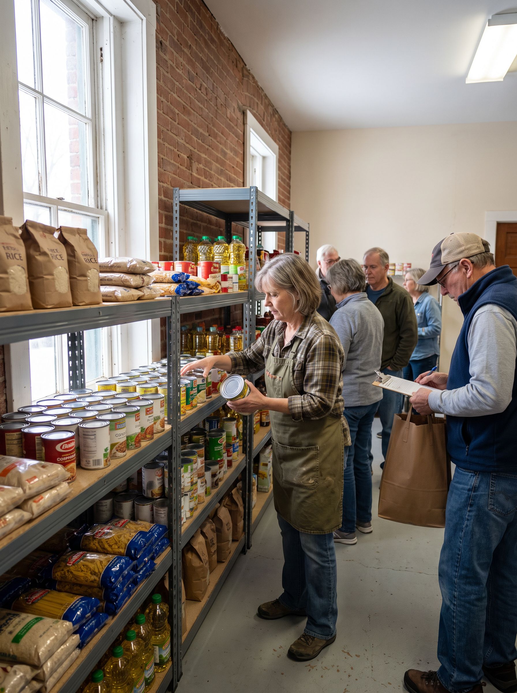 Two volunteers in a pantry aisle, one restocking shelves and one packing a paper grocery bag from a pick list.
