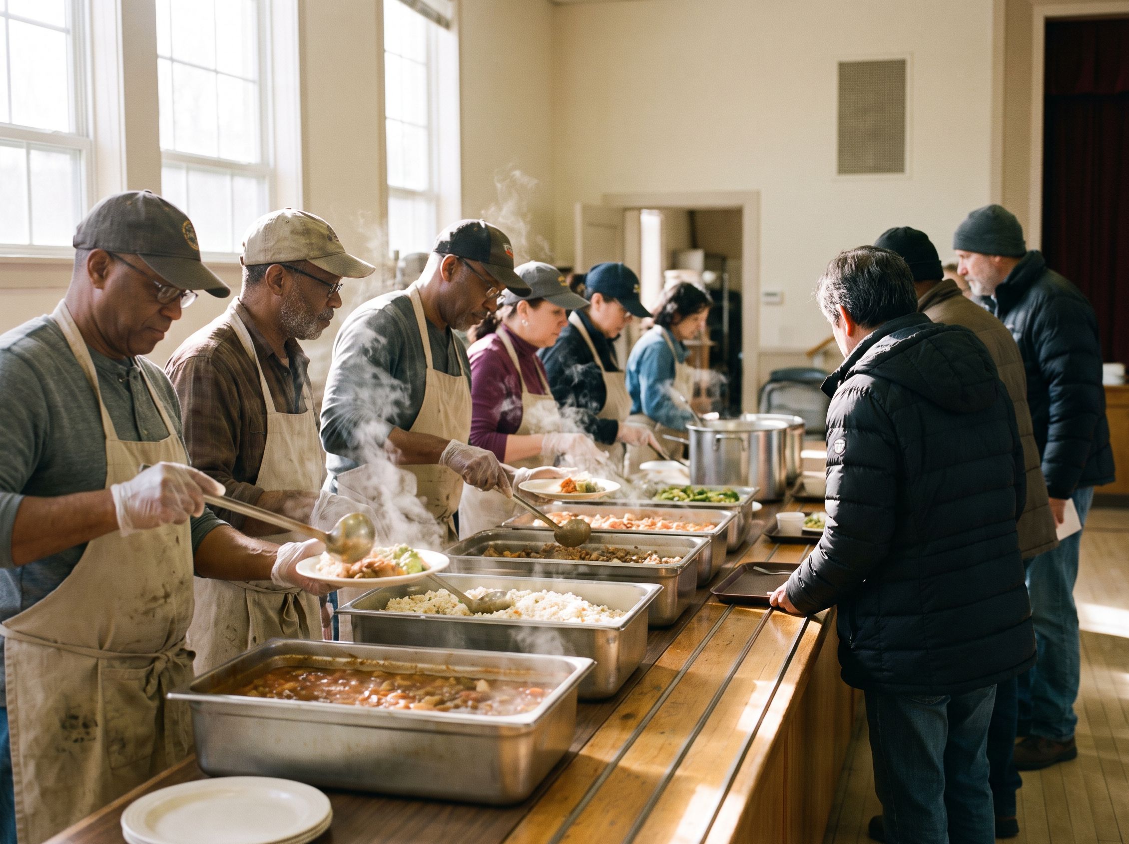 Kitchen volunteers ladling hot food onto plates at a serving counter.