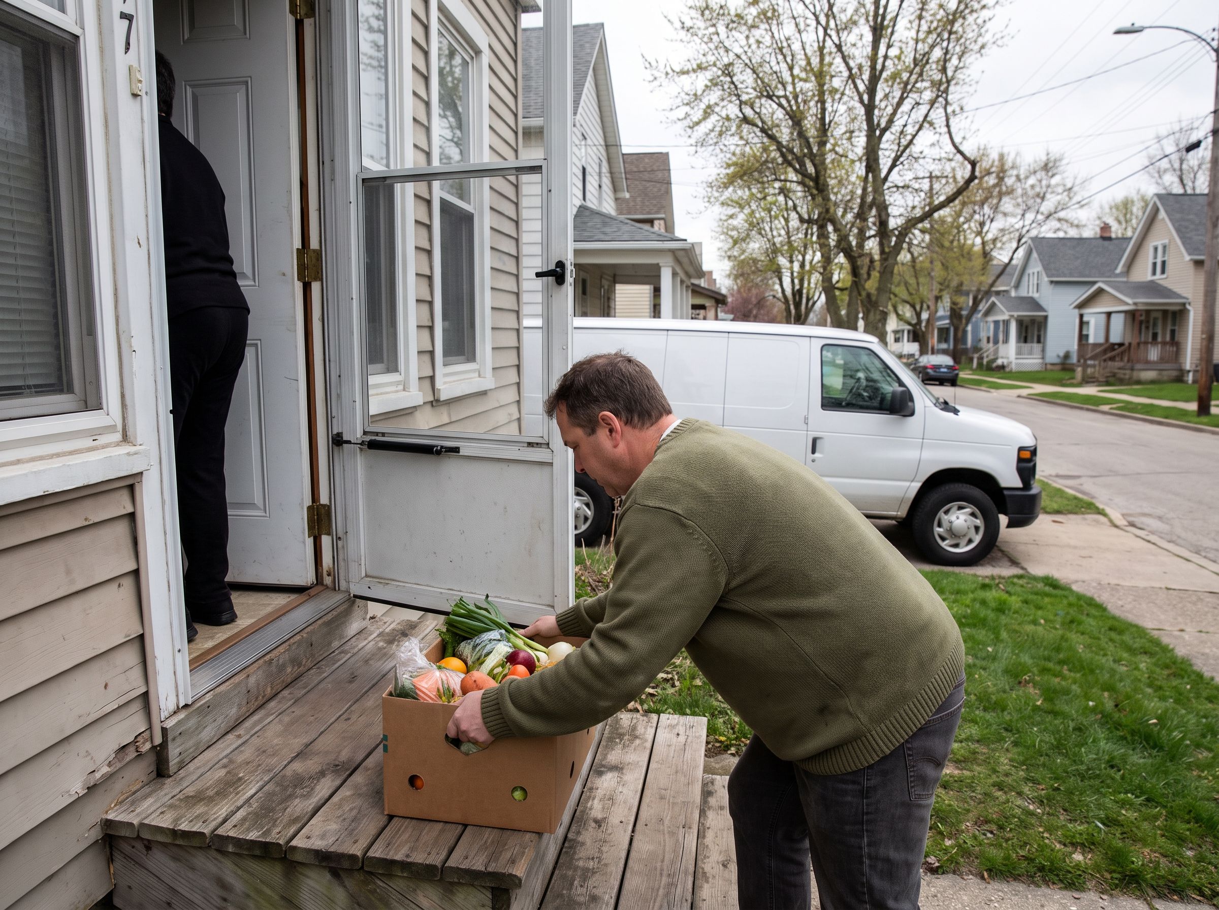 A volunteer driver setting a grocery box on the porch step of a house while the resident stands in the open doorway.