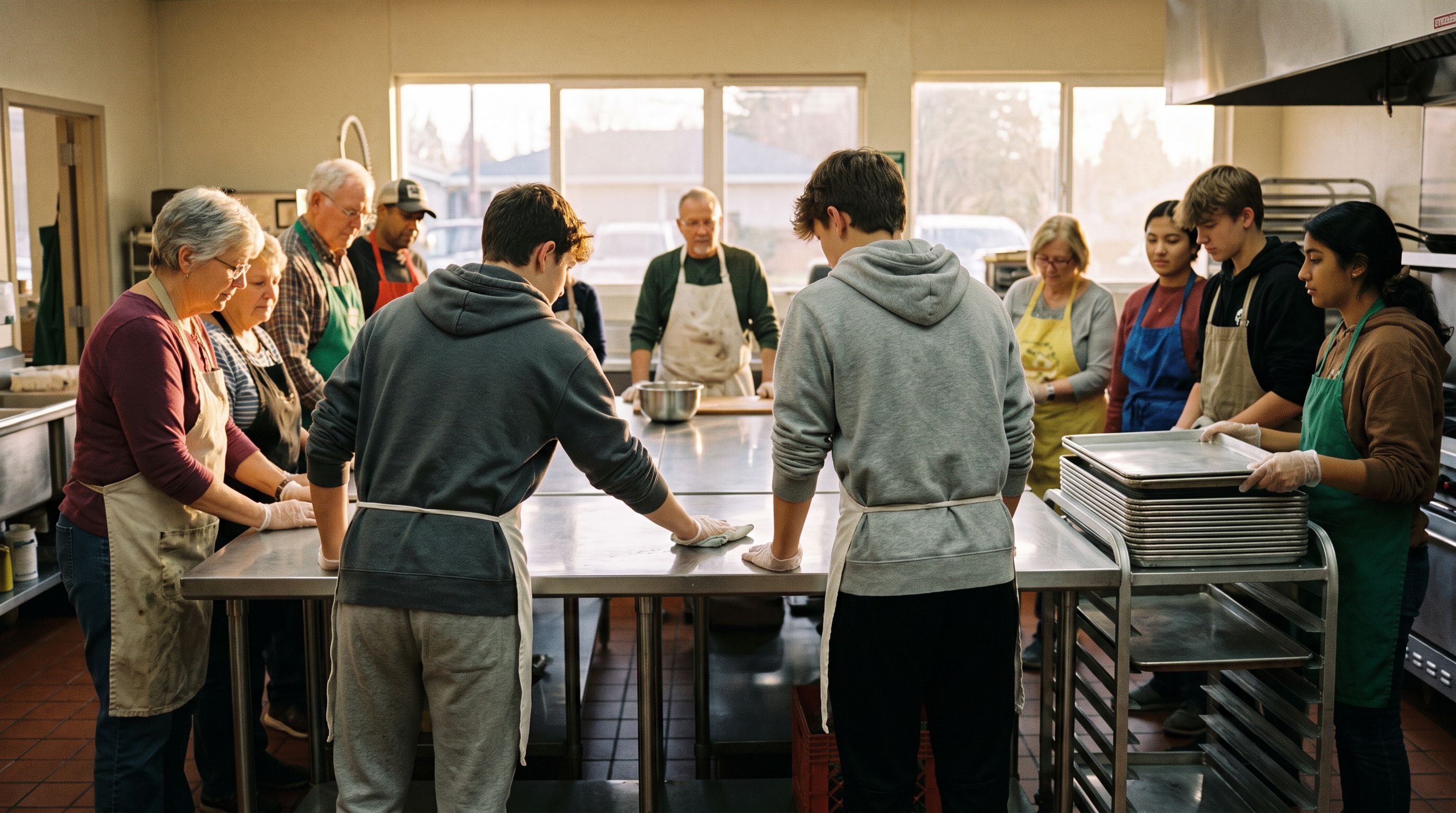 Volunteers wiping down a steel prep table and stacking sheet pans after a meal service.
